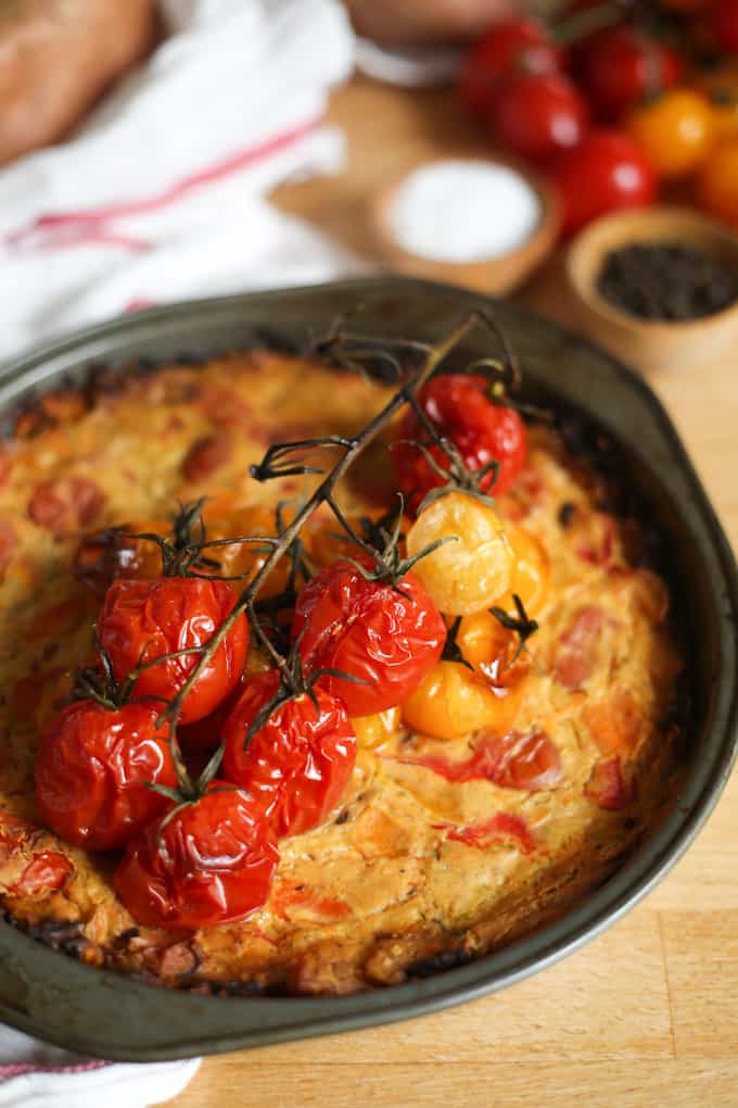 Roasted pepper and tomato vegan quiche with sweet potato crust