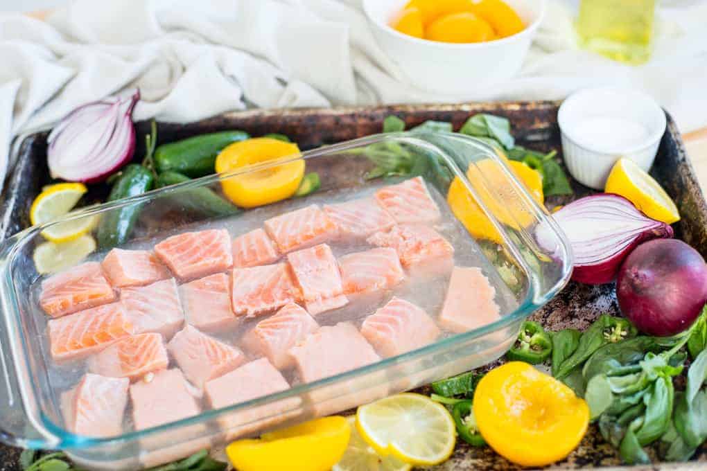 Peach salmon skewers with peach jalapeno crema