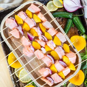 Peach salmon skewers with peach jalapeno crema