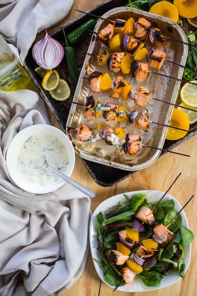 Peach salmon skewers with peach jalapeno crema