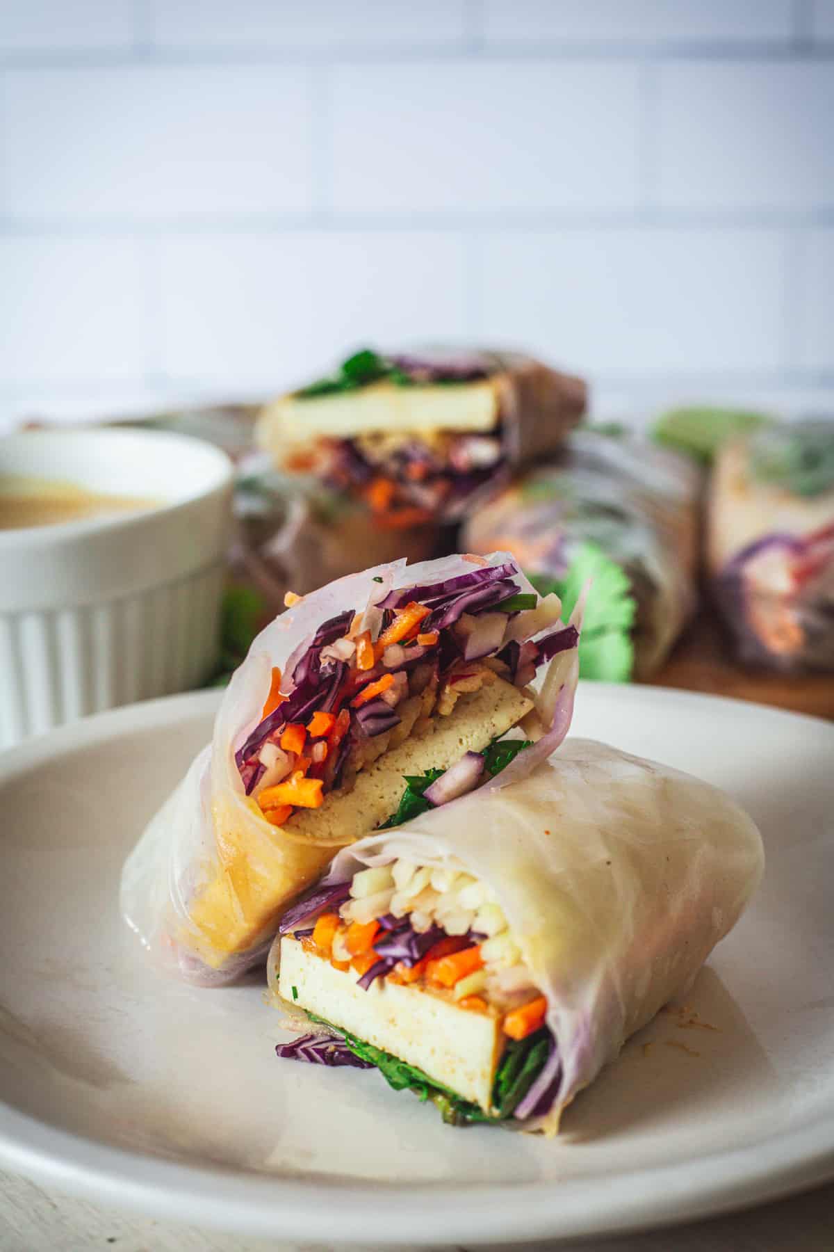 tofu spring roll cut in half