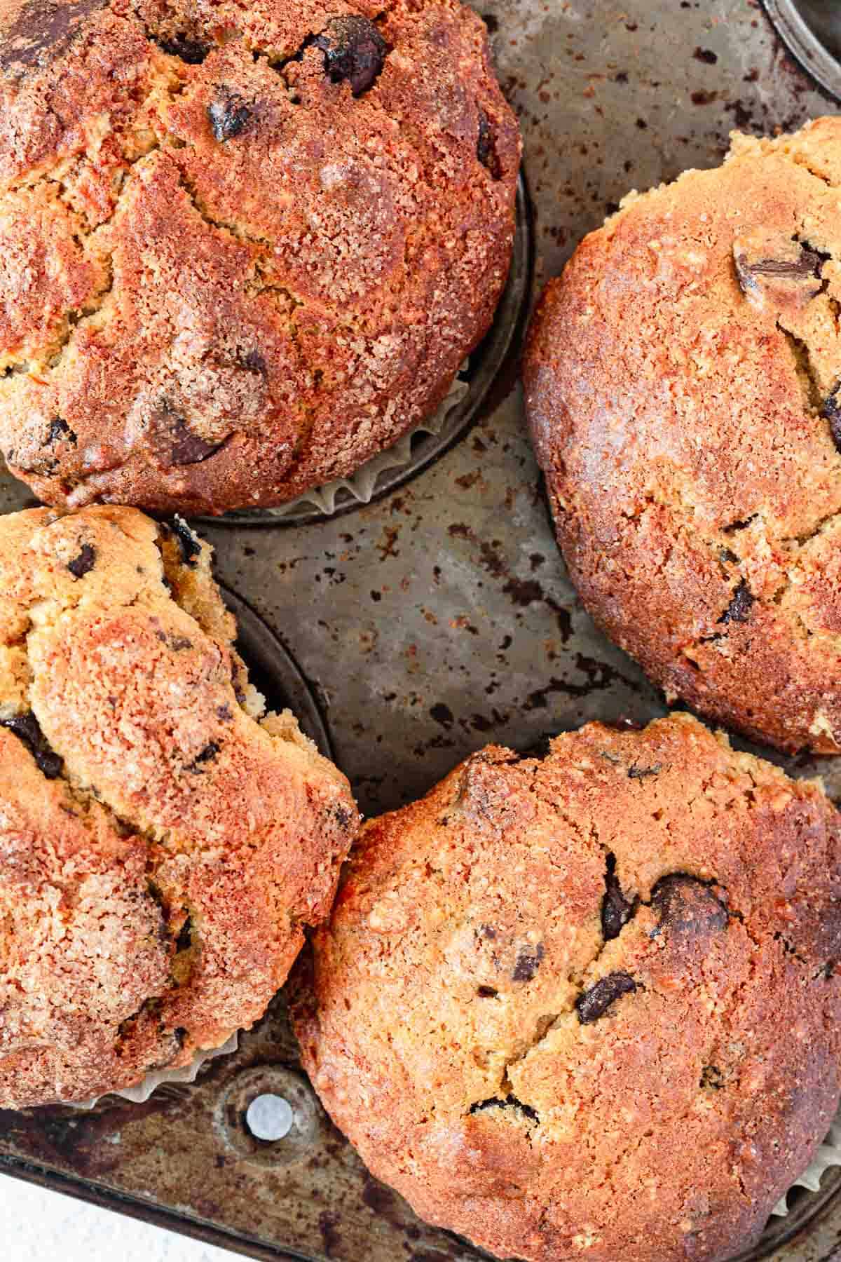 overhead of gluten free chocolate chip muffins in tray