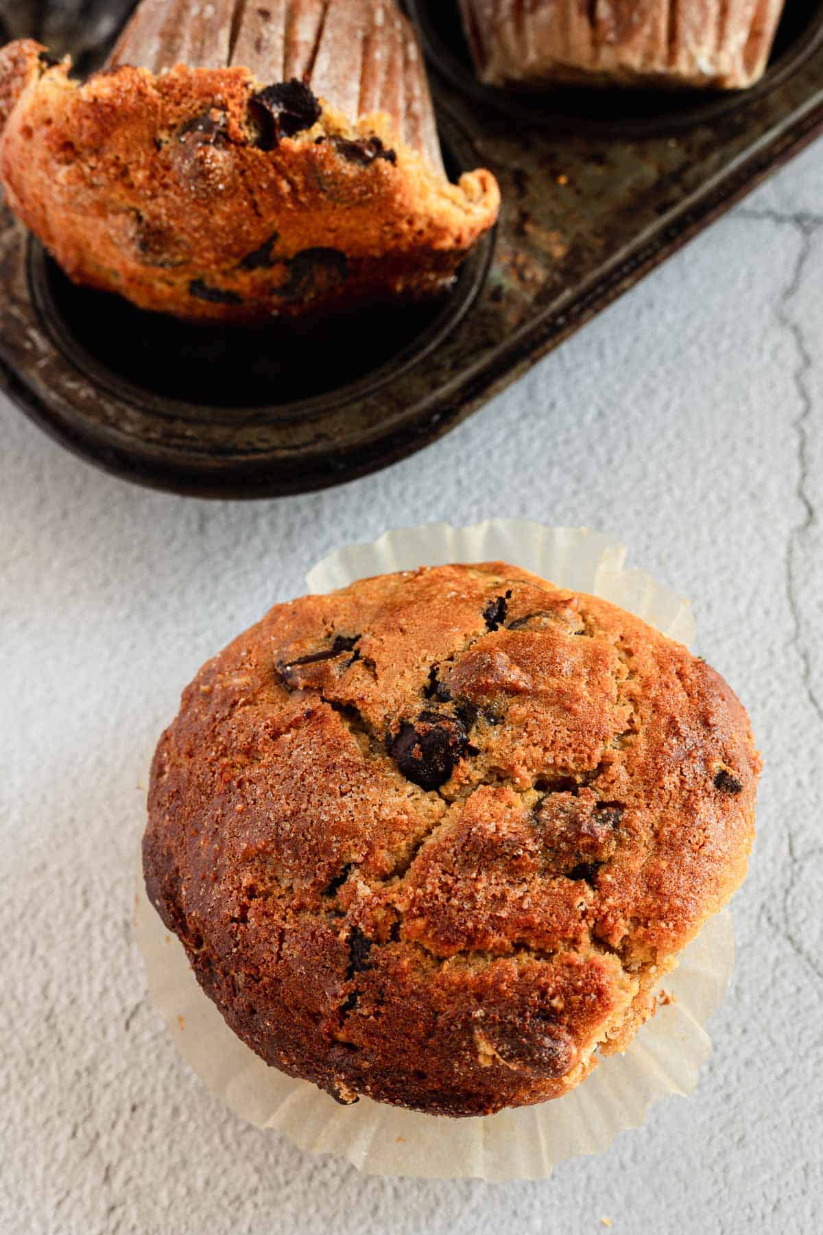 close up on gluten free chocolate chip muffins with more in tray
