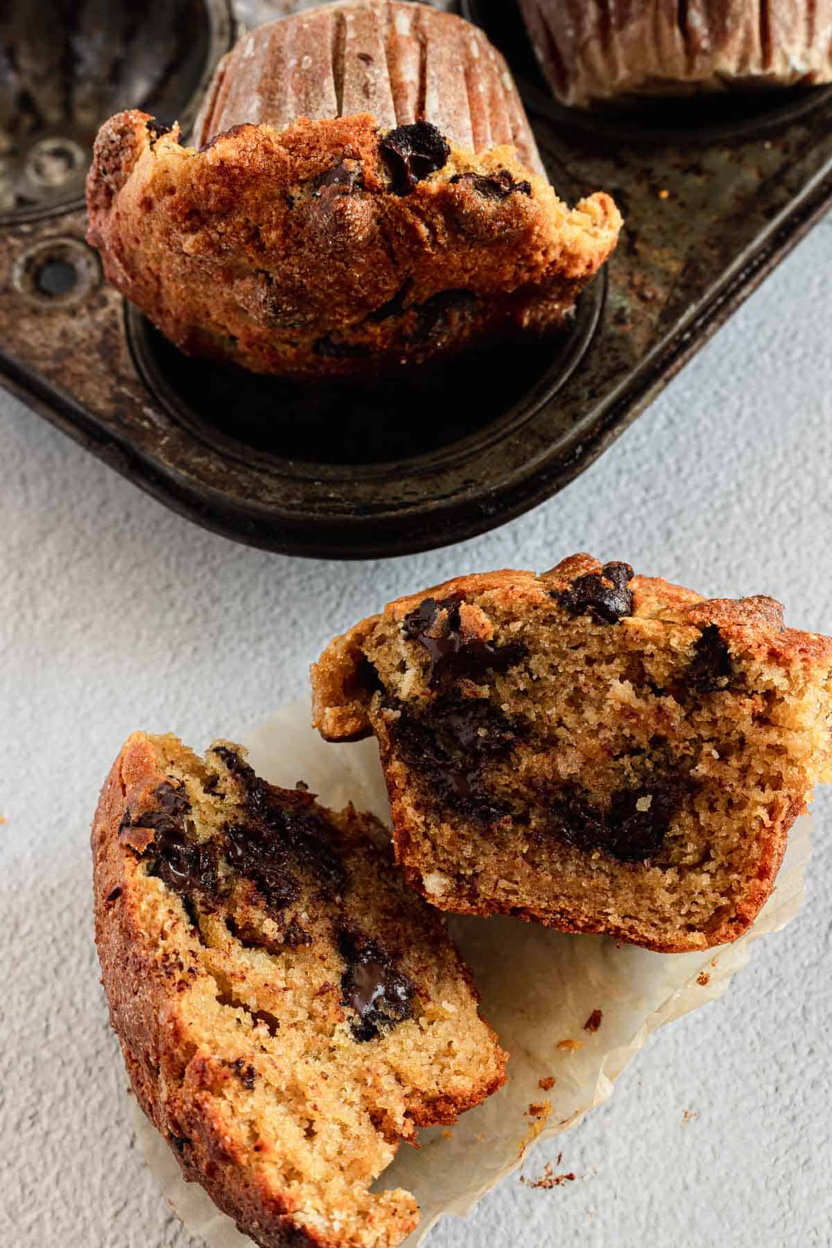 close up on gluten free chocolate chip muffins in tray