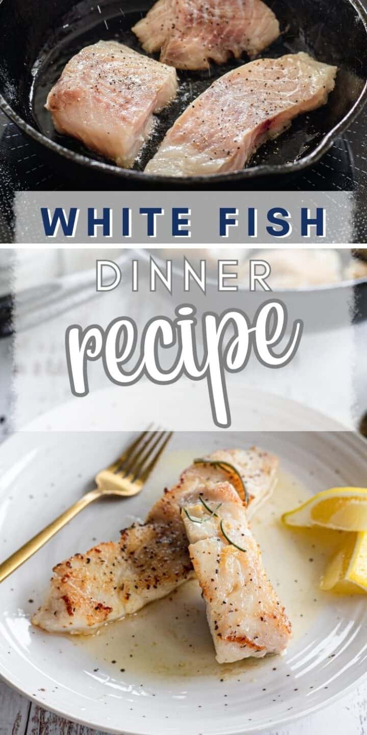 White fish in white wine sauce on white plate with gold fork, focus on herbs in pan above