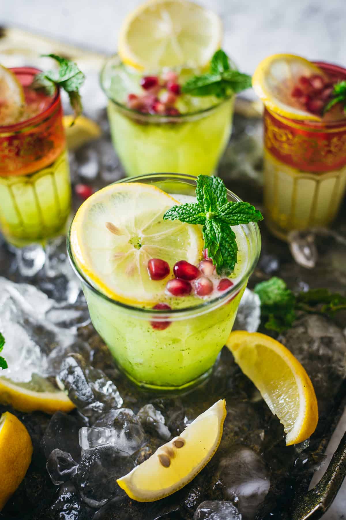 Close up of a limonana mint mocktail.